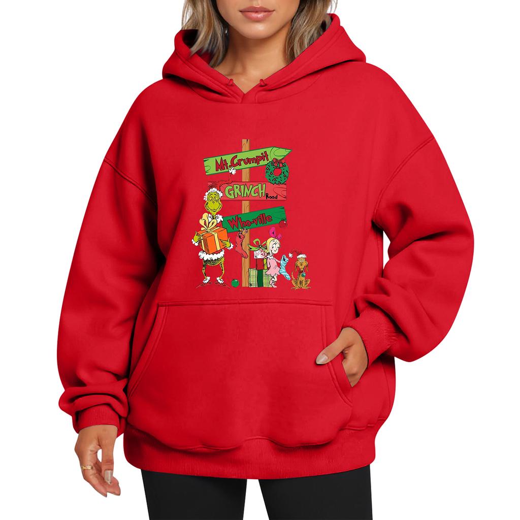 Ladies' Christmas Style Printed Hoodie With Wool And Pockets For Women
