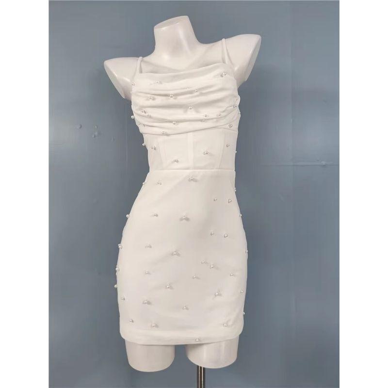 Export Single Lu's Sling Heavy Industry Net Yarn Pearl Slimming and Simple White Sweet Ruffle Hip Elegant Dress