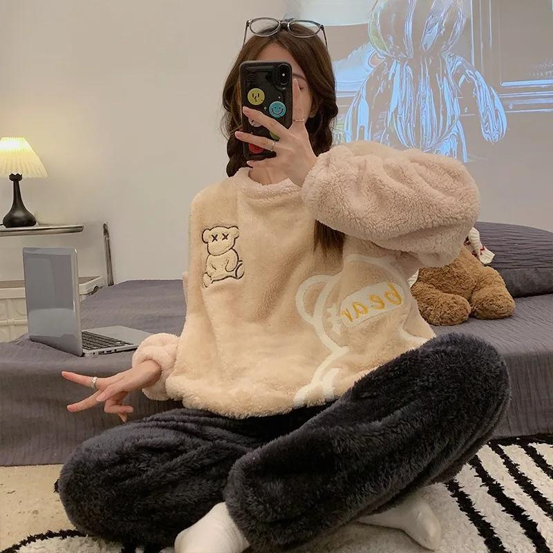 

Утепленная теплая фланелевая одежда для сна и дома на зиму, топы с круглым вырезом и брюки, ночная одежда, одежда для отдыха, пижама с мультяшным медведем для девочки M