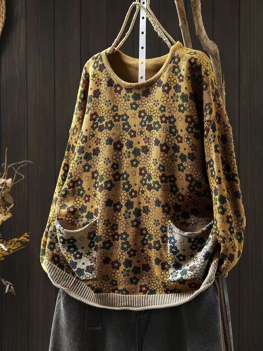 

Johnature Женский Осенний Китайский Стиль Винтажный Принт O-образный Вырез Свободный Свитер Модный Повседневный Длинные Рукава Повседневный Свитер One Size жёлтый