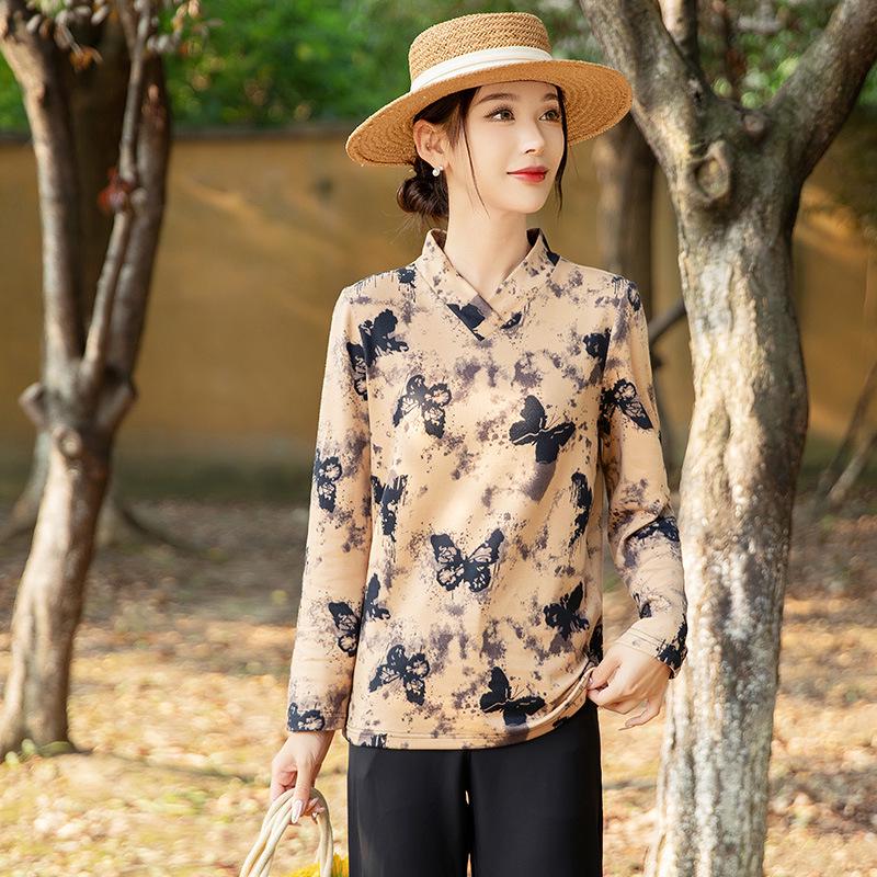 

Butterfly Print Long Sleeve T-shirt for Middle-aged and Elderly Women - Loose, Plus Size, Thin, Fashionable Top for Spring and Autumn 4XL (suitable for 135-150 jin)