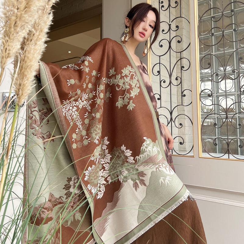 Autumn and winter advanced sense landscape flower language double-sided jacquard scarf women's light luxury warm thickened scarf versatile shawl