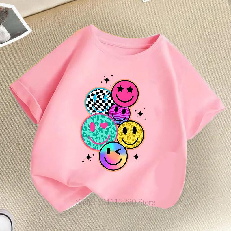 Cartoon Smile Print T-Shirt Summer Boys' and Girls' Fashion Casual Fun Cute Colorful Short Sleeve