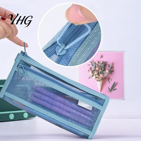 Wear Resistant Stationery Pouch Mesh Pencil Case with Zipper, Double Layer Large Capacity Compact Makeup Brush Holder Organizer, Transparent