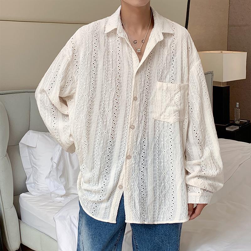Camicia da Uomo Vuota Stile Coreano Estiva Maniche Lunghe Tasche Uomo TOP Cardigan