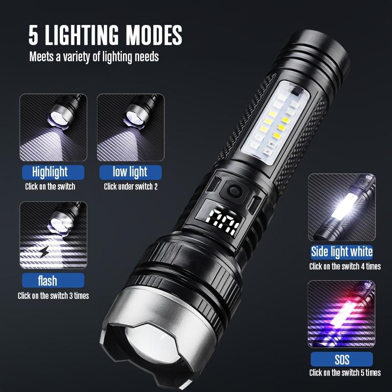 Ultrahelle LED-Taschenlampe, wiederaufladbar, mit variablem Zoom und Rot/Blau-Frequenzblitz für Camping, Angeln, Familie, Notfallsituationen, Langlebig