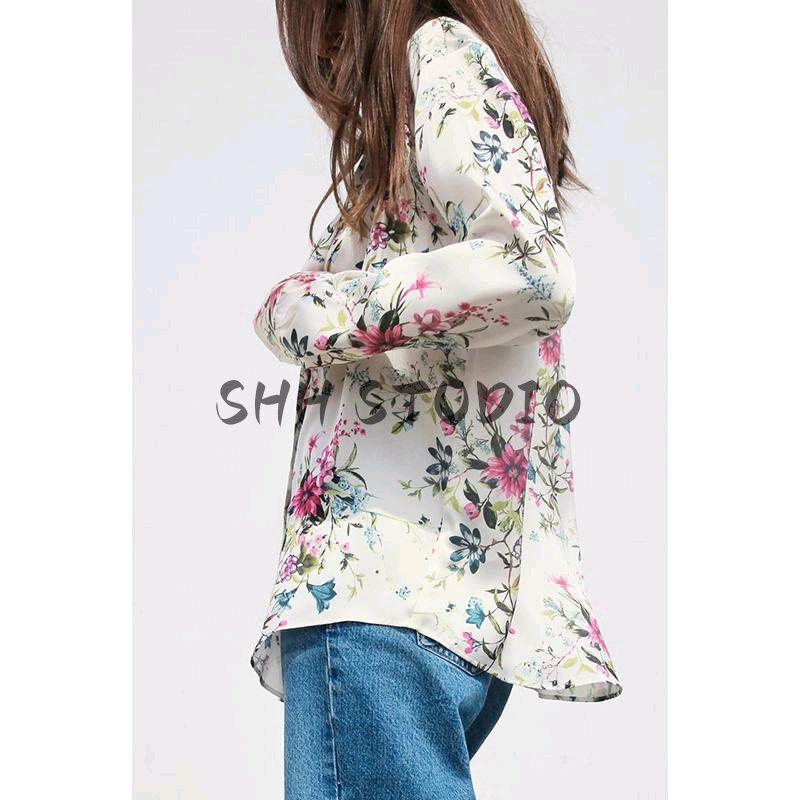 Spring New Women's Clothing Fashion Style Lapel Long Sleeves Silk Satin Texture Print Shirt 8503899