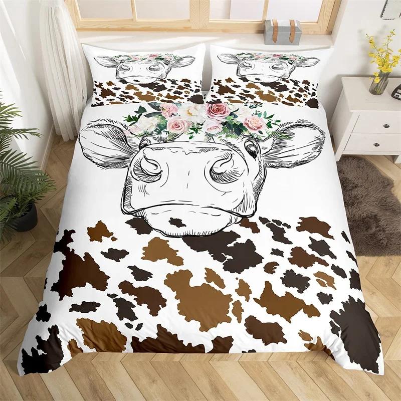 Highland Cow Duvet Cover King Microfiber Western Farmhouse Animal Bedding Set Leopard Cow Skin Fur Floral Print Comforter Cover