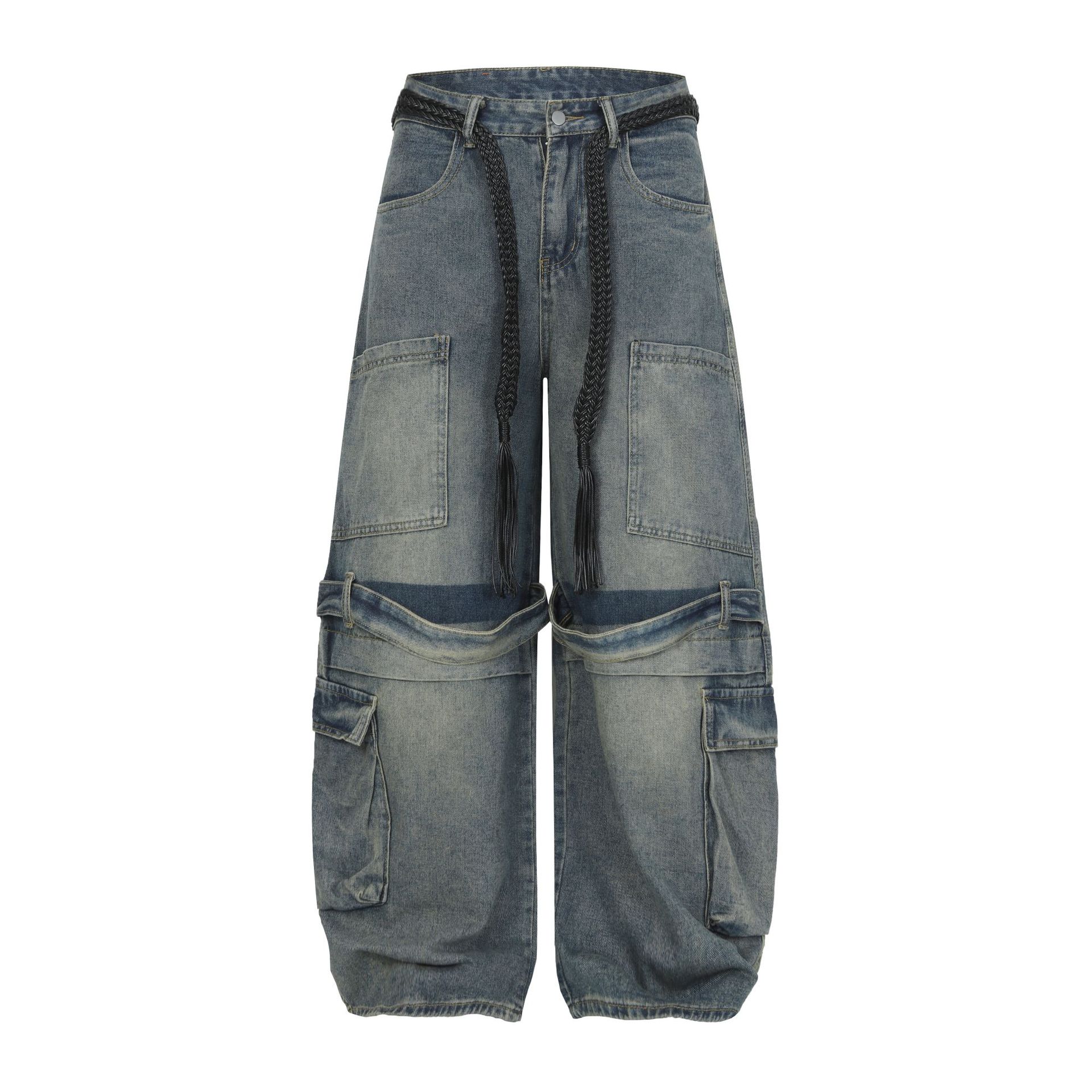 High Street Trendy Brand American Retro Washed Scimitar Pants Tooling Jeans Multi-Pocket Loose Wide Leg Pants Men M
