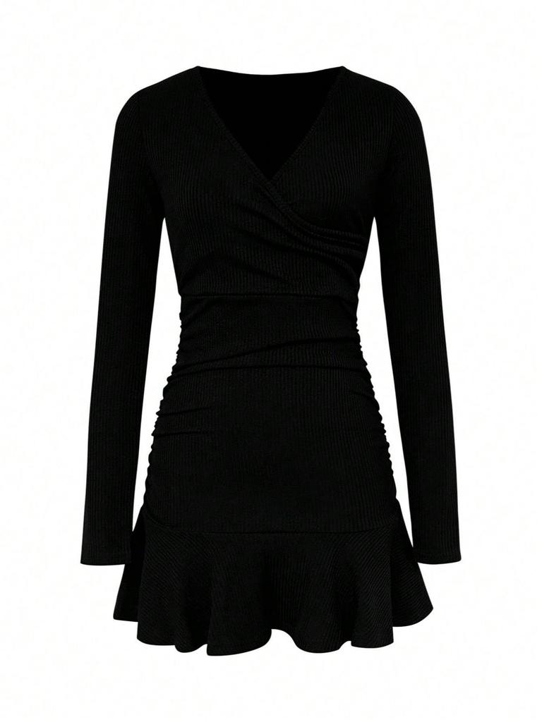 Autumn Slimming French V-Neck Black Bodycon Dress for Women