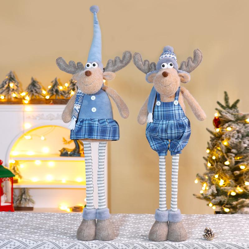 Bambola Telescopica di Natale a Quadri Blu, Statuina di Babbo Natale Pupazzo di Neve Renna in Piedi, Decorazione per Camino Festiva di Natale
