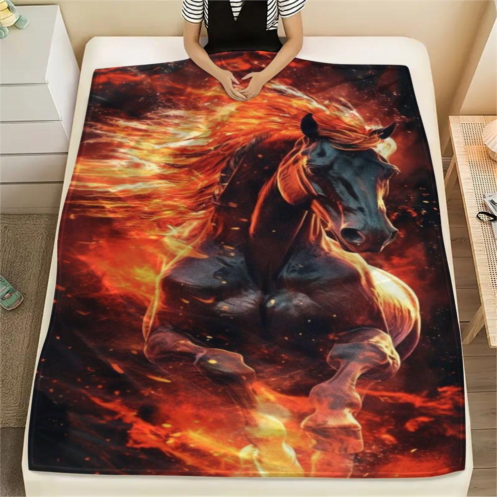 1Pc Black Horse Print Flannel Blanket, High Quality Comfortable for All Seasons, Home Decor, Warmth and Comfort, Perfect for Gifts
