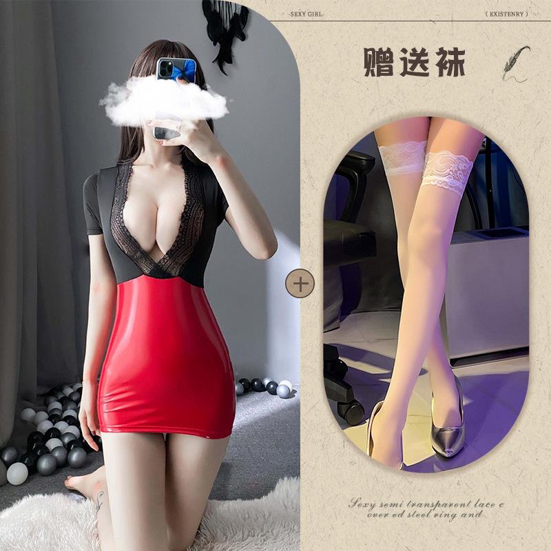 New Sexy Underwear Sexy Women OL Office Temptation Burst Tits Hip-wrapped Secretary Patent Leather