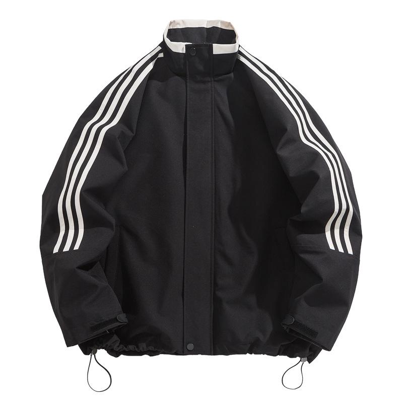 Unisex Retro Three Stripes Stand Collar Windbreaker - Trendy Loose Fit Jacket for Spring/Autumn Streetwear