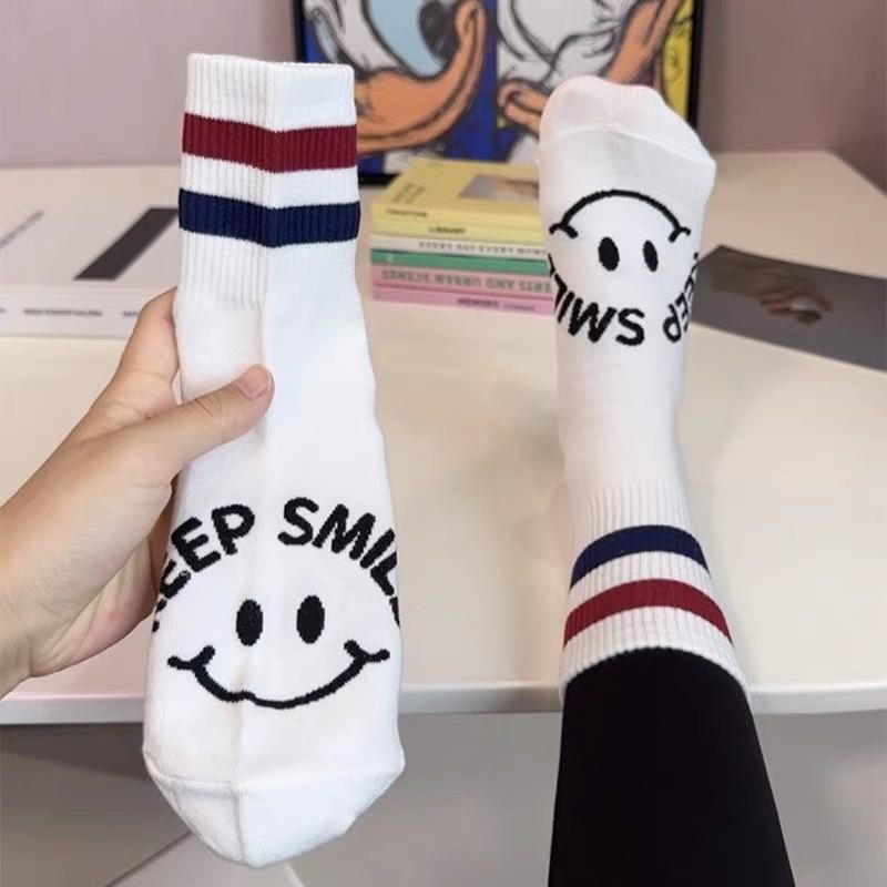Dongdaemun Parallel Bar Striped Smiley Socks Pure Cotton Black And White Mid-Leg Socks With Shark Pants Sports Socks