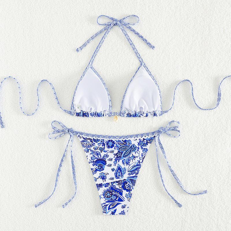 2024 Blue & White Porcelain Print European American Bikini for Beach Vacation