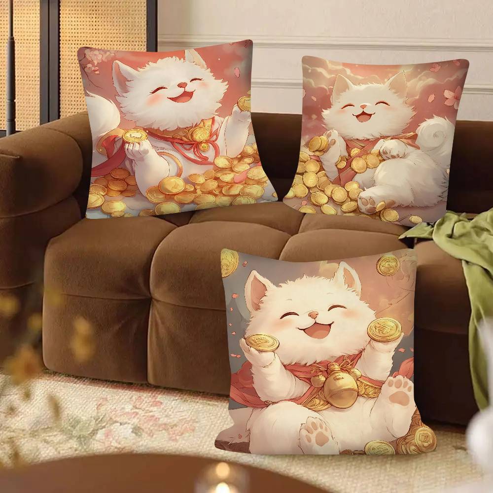 Cute Lucky Cat Pillow Case Fashion Square Pillowcase Bedroom Sofa Room Ins Decoration Leisure
