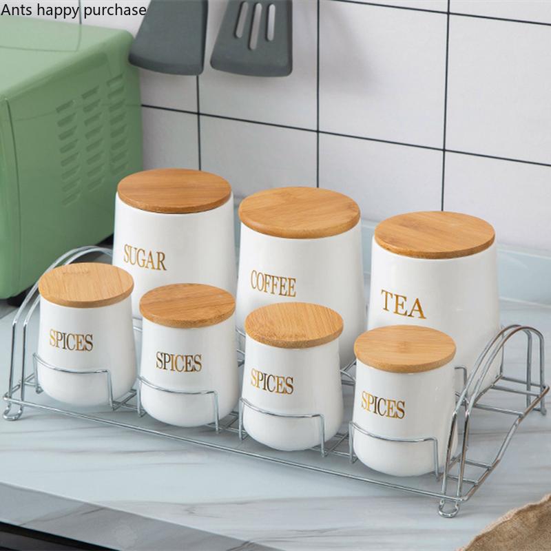 Grain Storage Tank 7 Piece Set Kitchen Storage Container Moisture Proof Sealed Jar Wooden Cover Food Organizer Candy Jar Tea Can