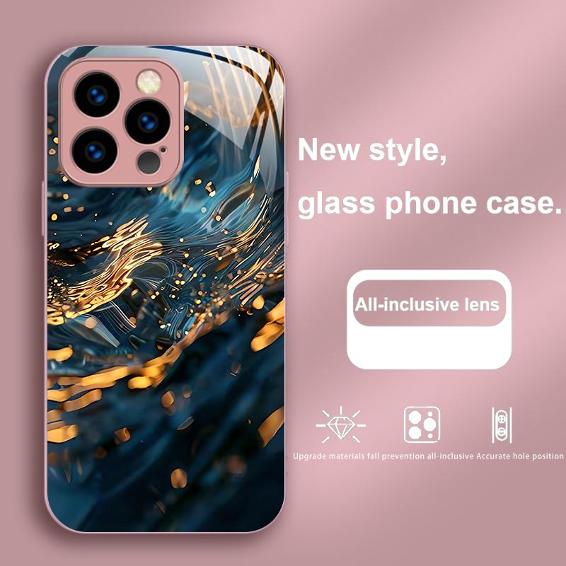 Kleurrijke golven blauw telefoonhoesje van gehard glas voor iPhone 16 Plus 15 14 13 12 Mini 11 Pro Max X XS XR 7 8 Plus 2022