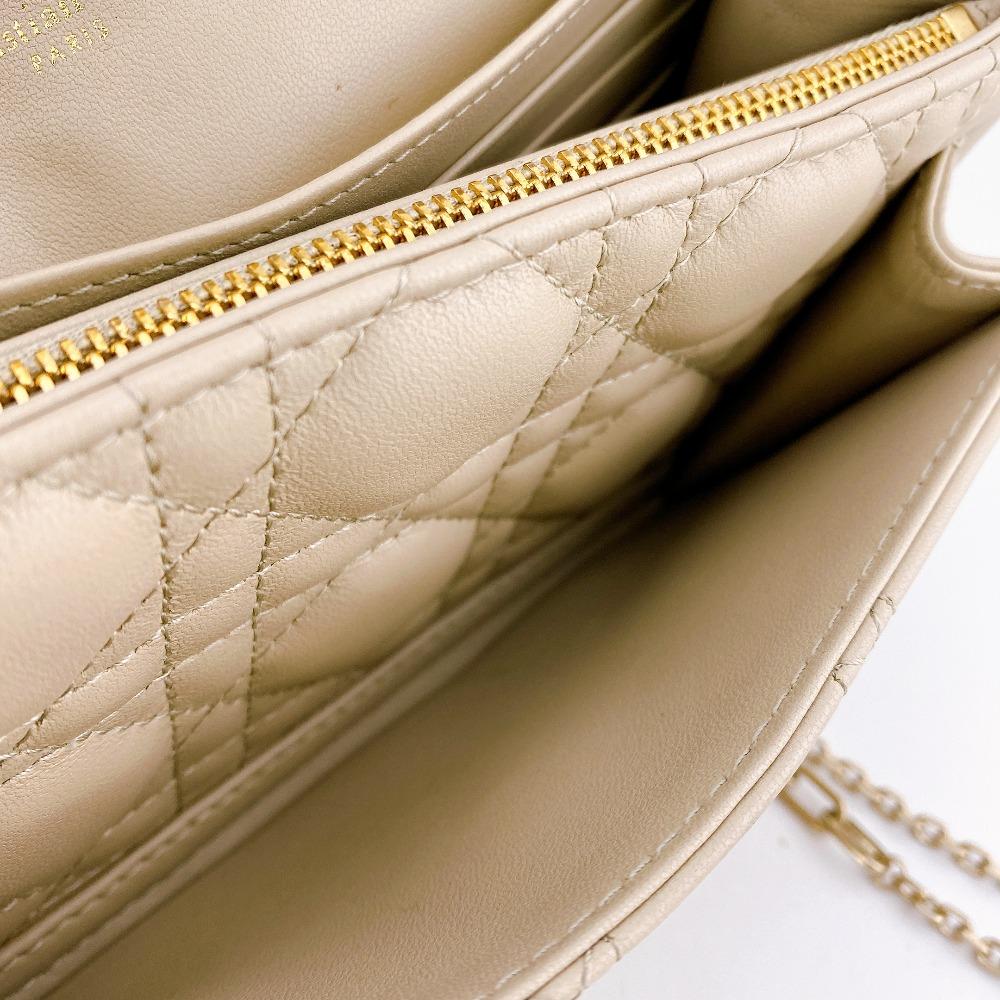 Christian Dior Logo Leather Lady Dior Wallet Chain Beige Leather Used