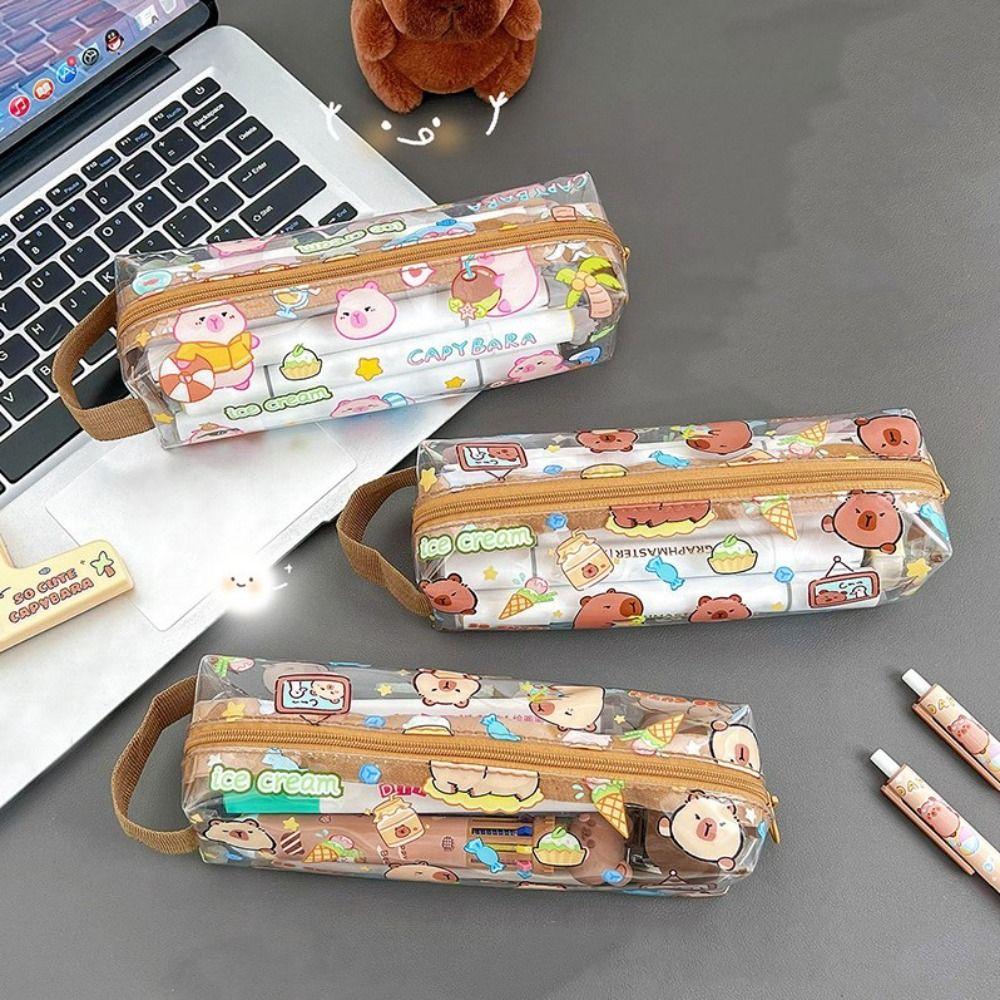 Kawaii Capybara Pen Bag Cartoon Stationery Storage Bag Transparent Pencil Case  Student Gift