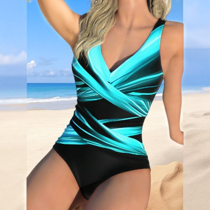 The new contrasting one-piece swimsuit is a feminine gathering high-end swimsuit with an open back tight suspender strap S