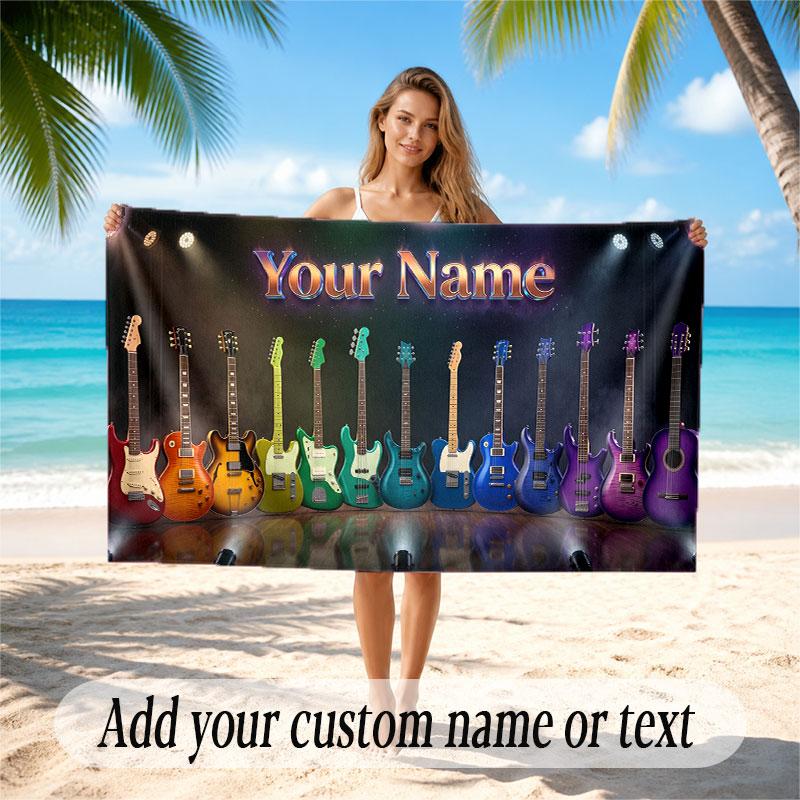 Music Guitar Theme Beach Towel Personalized Custom Name & Text Soft Quick Dry Beach Towel for Swimming Travel