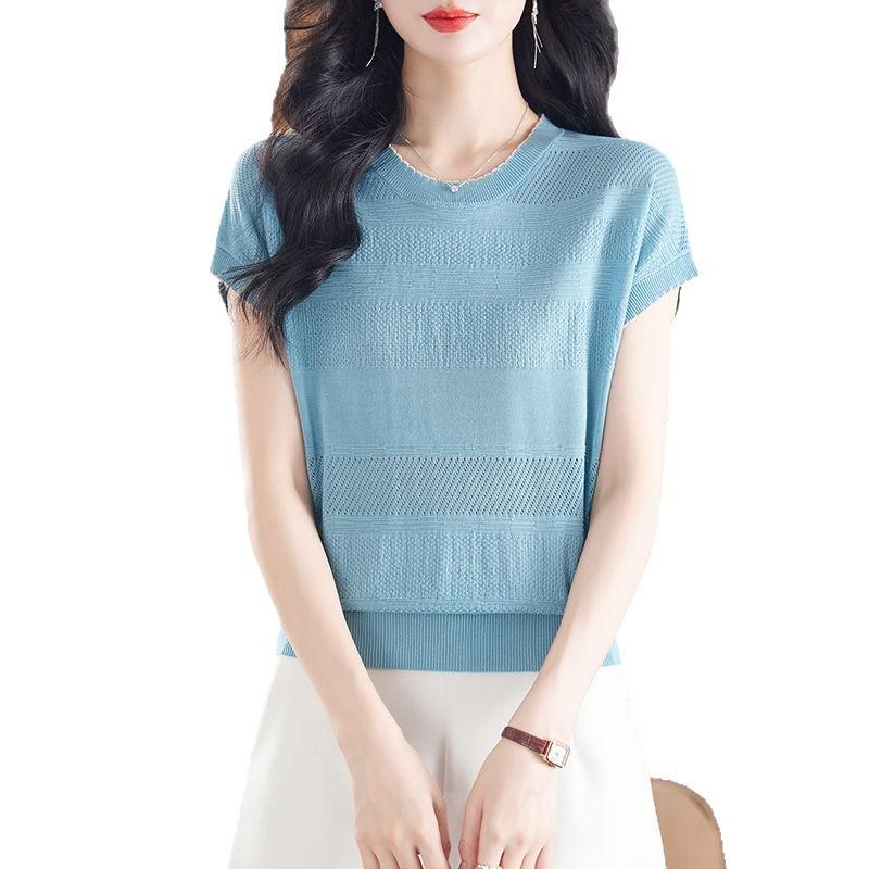 Ice Silk T-shirt for Women Loose and Simple Top Round Neck Knitted T-shirt for Summer