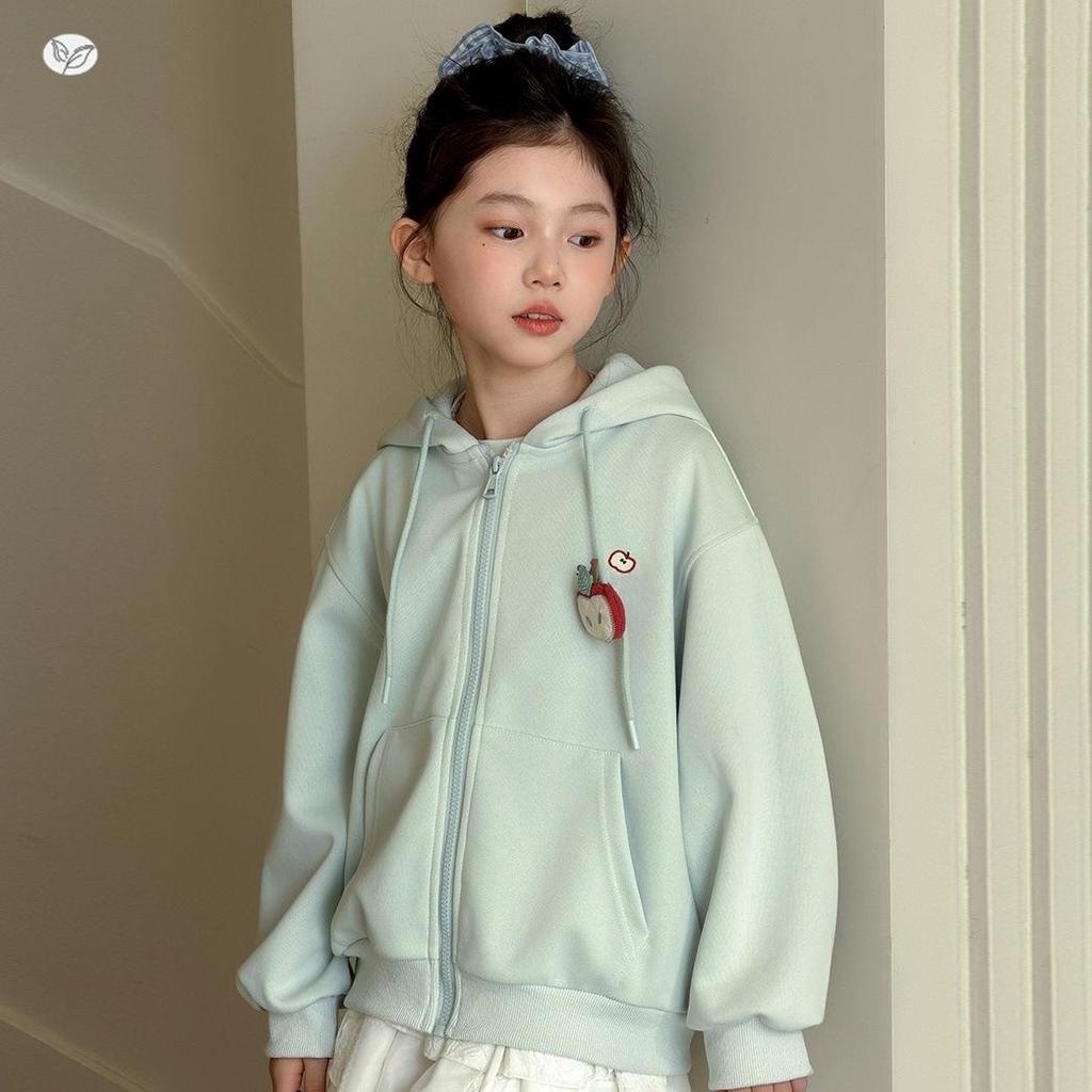 Girls' Hooded Embroidered Zipper Jacket - 2026 Autumn Collection, Long Sleeve Cardigan for Medium & Large Children