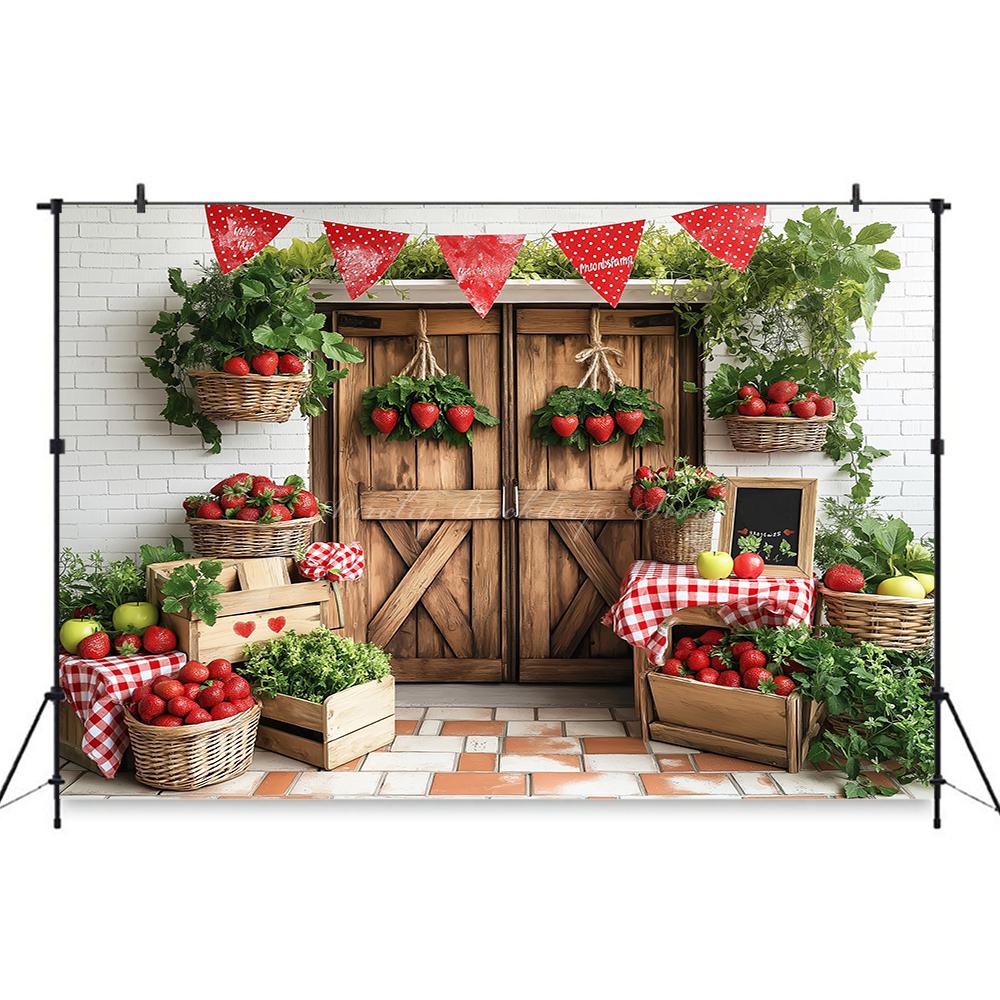 Rural Barn Door Strawberry Themed Birthday Party Background, Children's Birthday Party Decoration Photography Studio Background