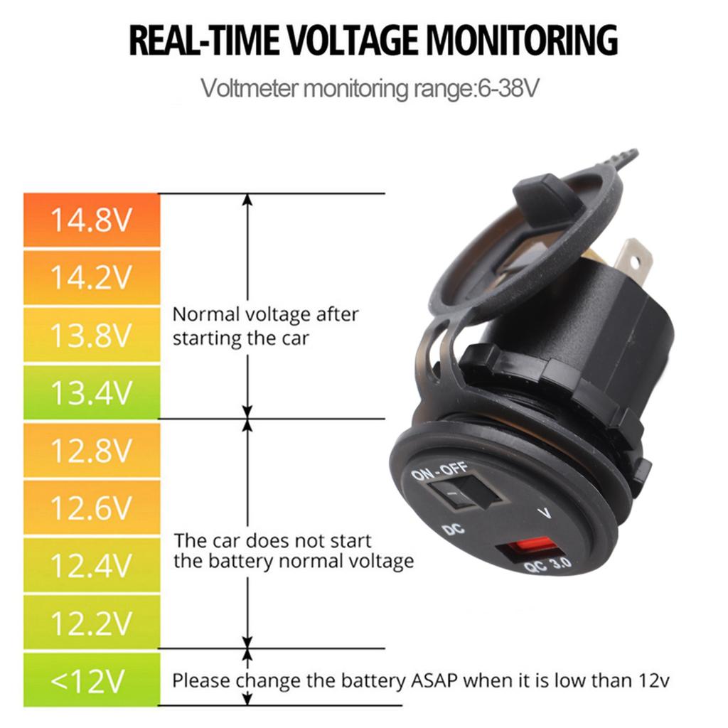 12V IP66 3.0A LED Digital Phone Charger Independent Switch Adapter with 23.6in Line Red DC12‑24V