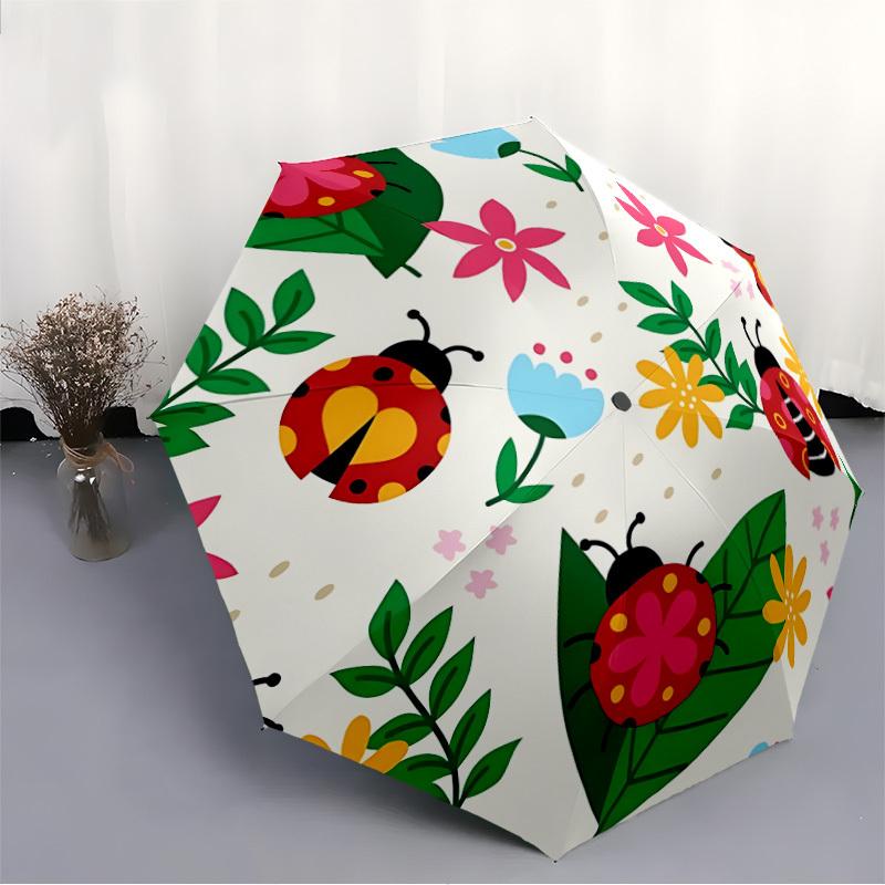 1pc Ladybug, Floral Pattern Automatic Folding Umbrella - 8-Rib Iron Frame, Windproof, Portable Sunshade with Plastic Handle for Travel & Out