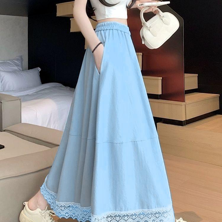 Women's Vintage Lace Trim High-Waist A-Line Midi Skirt - Summer Korean Bohemian Flared Umbrella Silhouette with Artistic Flair