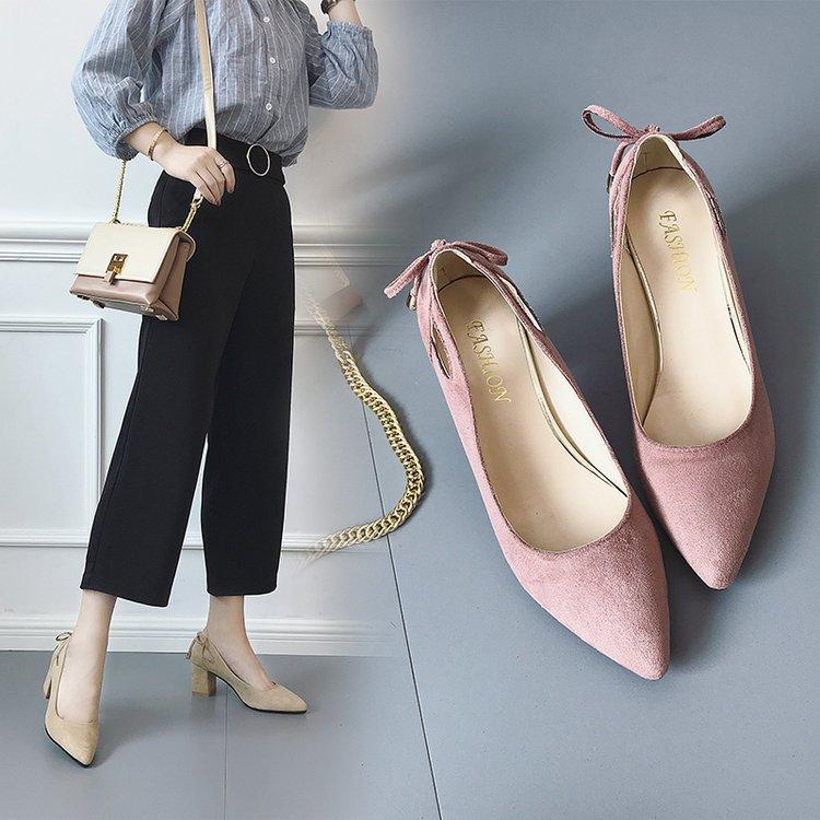 Women's Pointed Toe Chunky Heeled Single Shoes Shallow Mouth Suede Medium Heeled Work Shoes