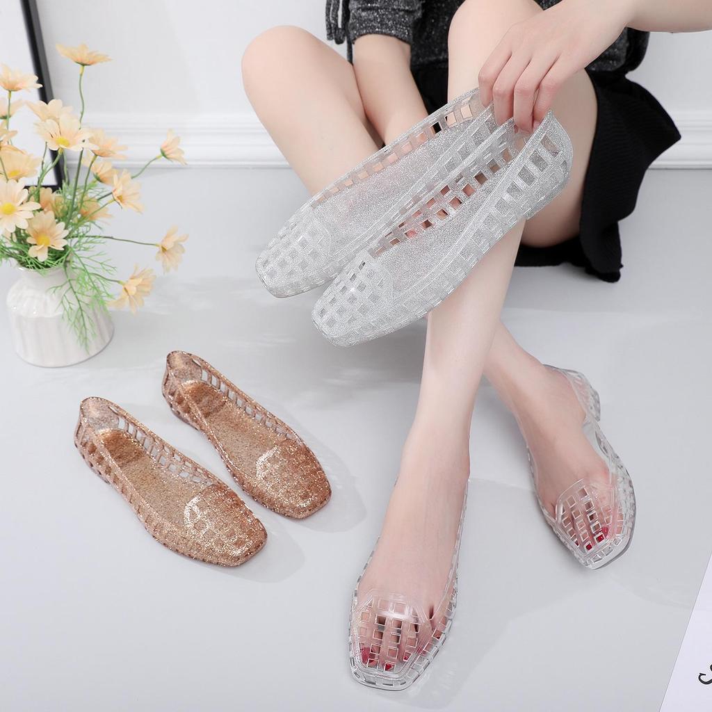 Korean-Style Square Toe Low-Cut Transparent Slip-On Women's Sandals