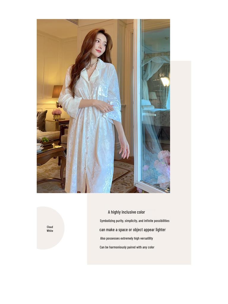 Silk Luxury Mid-Length French Nightgown - Gold Velvet, Thick, Early Winter
