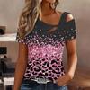 Women Leopard Print Stitching Print Cold Shoulder Short Sleeve T Shirt Irregular Cutout Neck Casual Summer Blouse Top