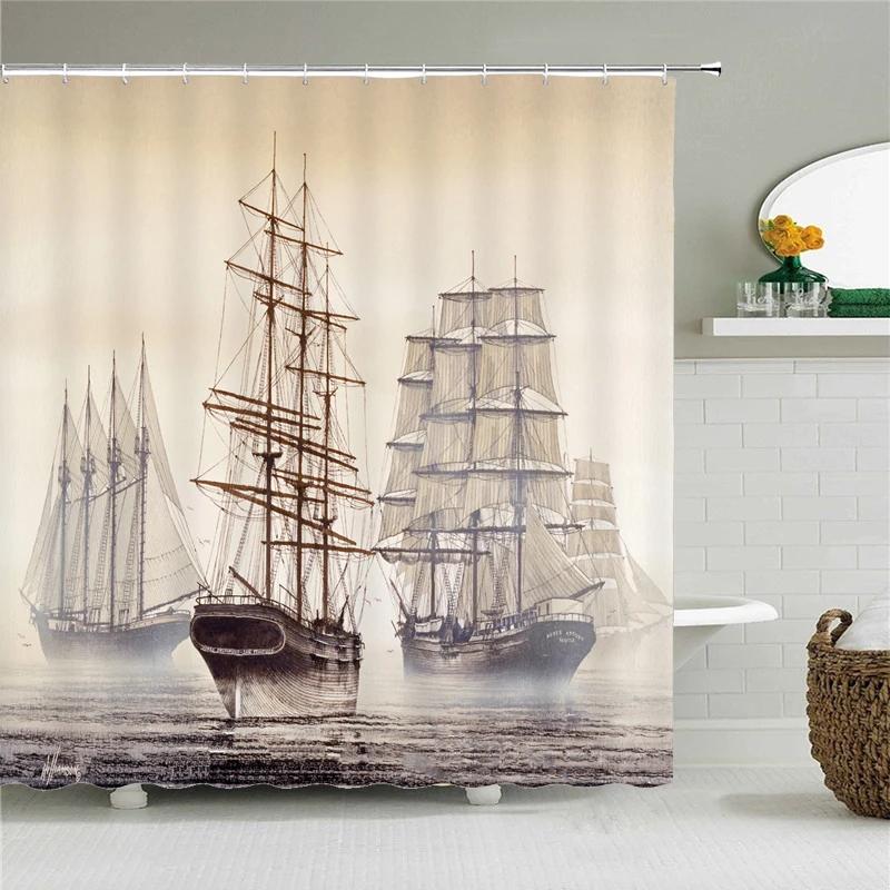 Old Pirate Ship Sea Shower Curtains 3D Printing Bath Curtain With 12 Hooks Bathroom Waterproof Polyester Cloth Bath Screen