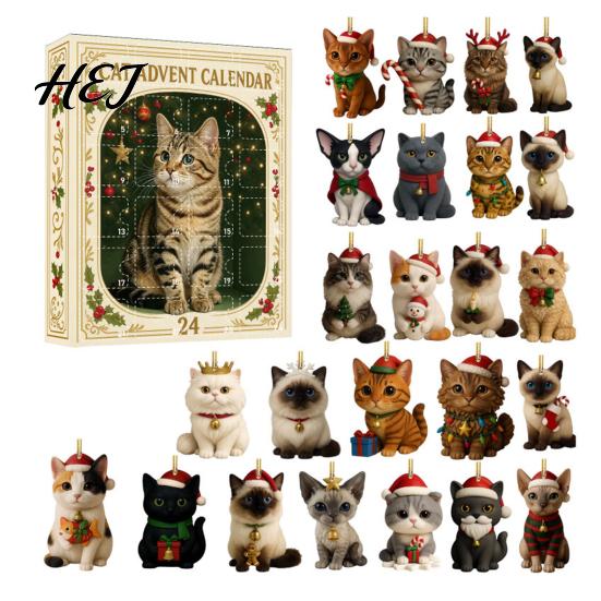 Holiday Countdown Gift Box 24 Day Cat Advent Calendar with Acrylic Christmas Ornaments, 2D Flat Animal Themed Ornaments Hanging Decorations, Xmas Tree
