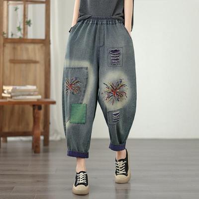 Plus Size Vintage Embroidery High Waist Casual Loose Women Spring Summer Autumn Jeans Denim Harem Pants