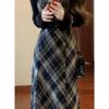 Plaid Wool Suspender Dress & Bell Sleeve Sweater Set - Slimming Waist, Autumn/Winter.