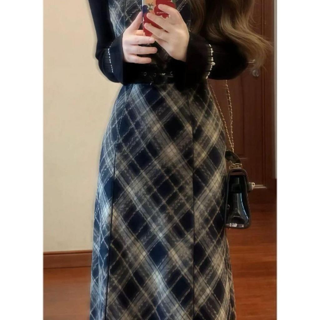 Plaid Wool Suspender Dress & Bell Sleeve Sweater Set - Slimming Waist, Autumn/Winter.
