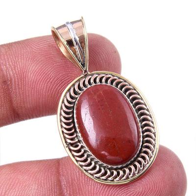 Natural Red Jasper Gemstone 925 Solid Sterling Silver TwoTone Pendant 1.50" W9q93