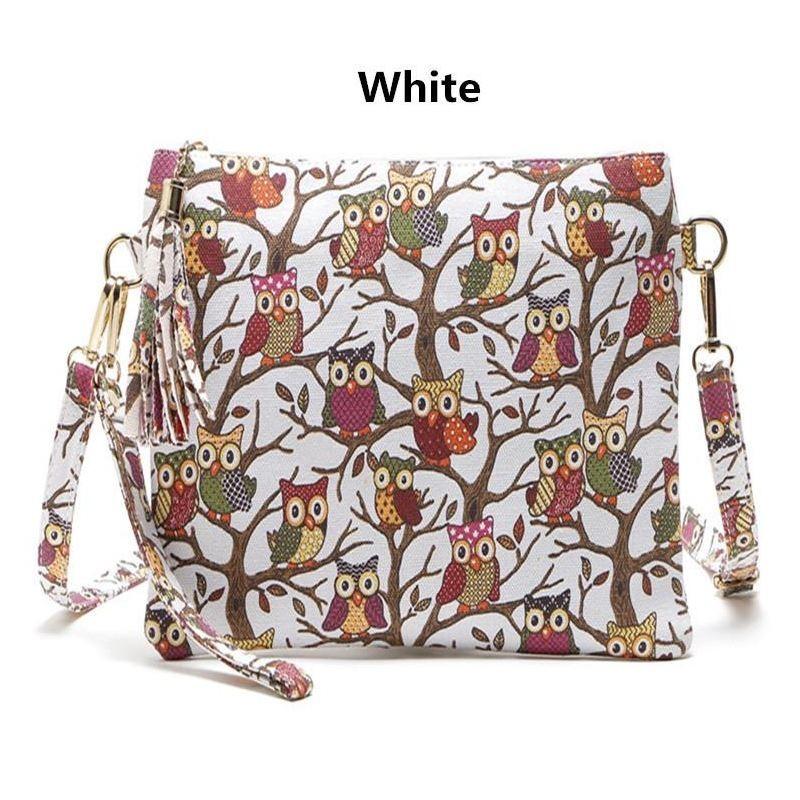 Cartoon Owl Canvas Crossbody Bag With Tassel And Zipper For Women**