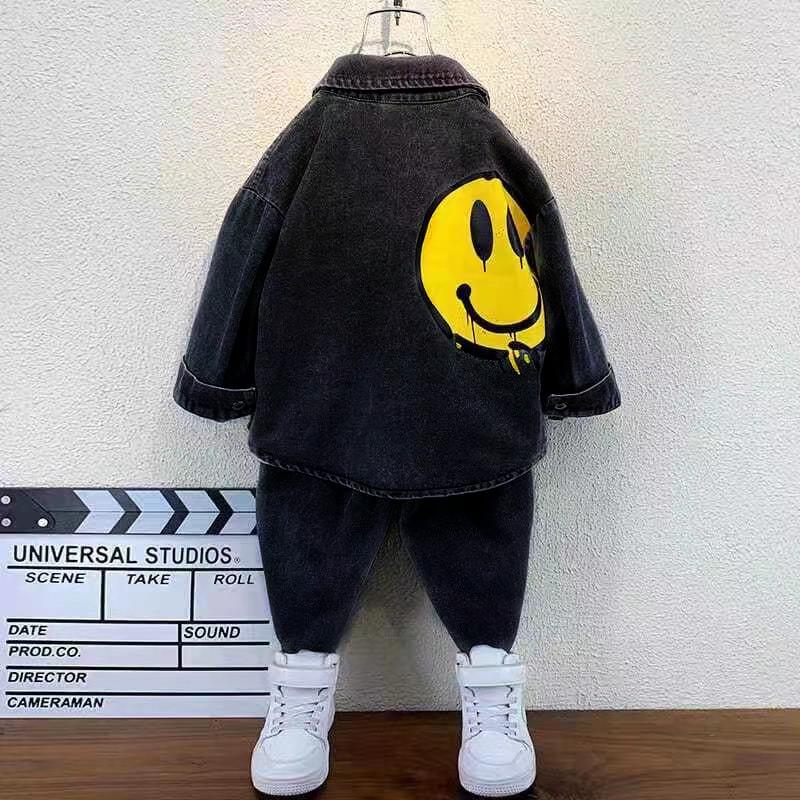 Boys' Smiley Face Denim Set: Fashionable 2026 Star T-shirt for Toddlers and Young Children