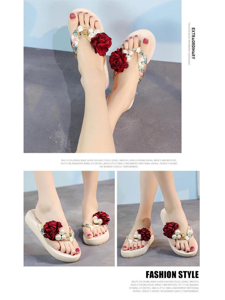 Korean Style Women's Summer Parent-Child Flower Wedge Flip-Flops: Non-Slip Thick Sole Beach Sandals for Outdoor Wear
