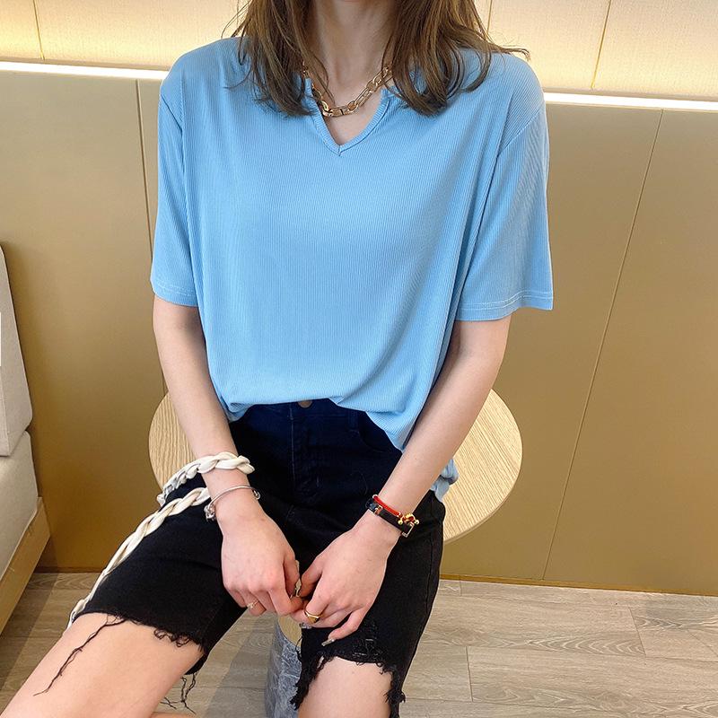 

Женская футболка свободного кроя из модала с V-образным вырезом и короткими рукавами, однотонная - Коллекция Лето 2022 XL (Recommended for 145-180 lbs) светло-синий