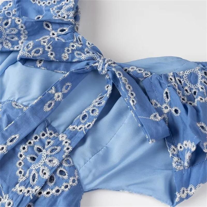 Summer New Women's European and American Style Heavy Industry Cotton Embroidery Stacked Decorative Blue Hollow Out Sexy Sweet Dress