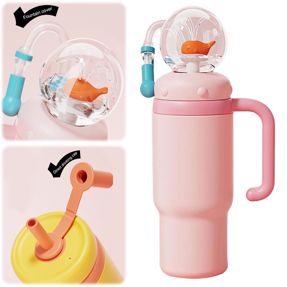 24oz Stainless Steel Whale Fountain Tumbler with Handle Drinking Cup Leak Proof Whale Squirt Water Cup with Straw