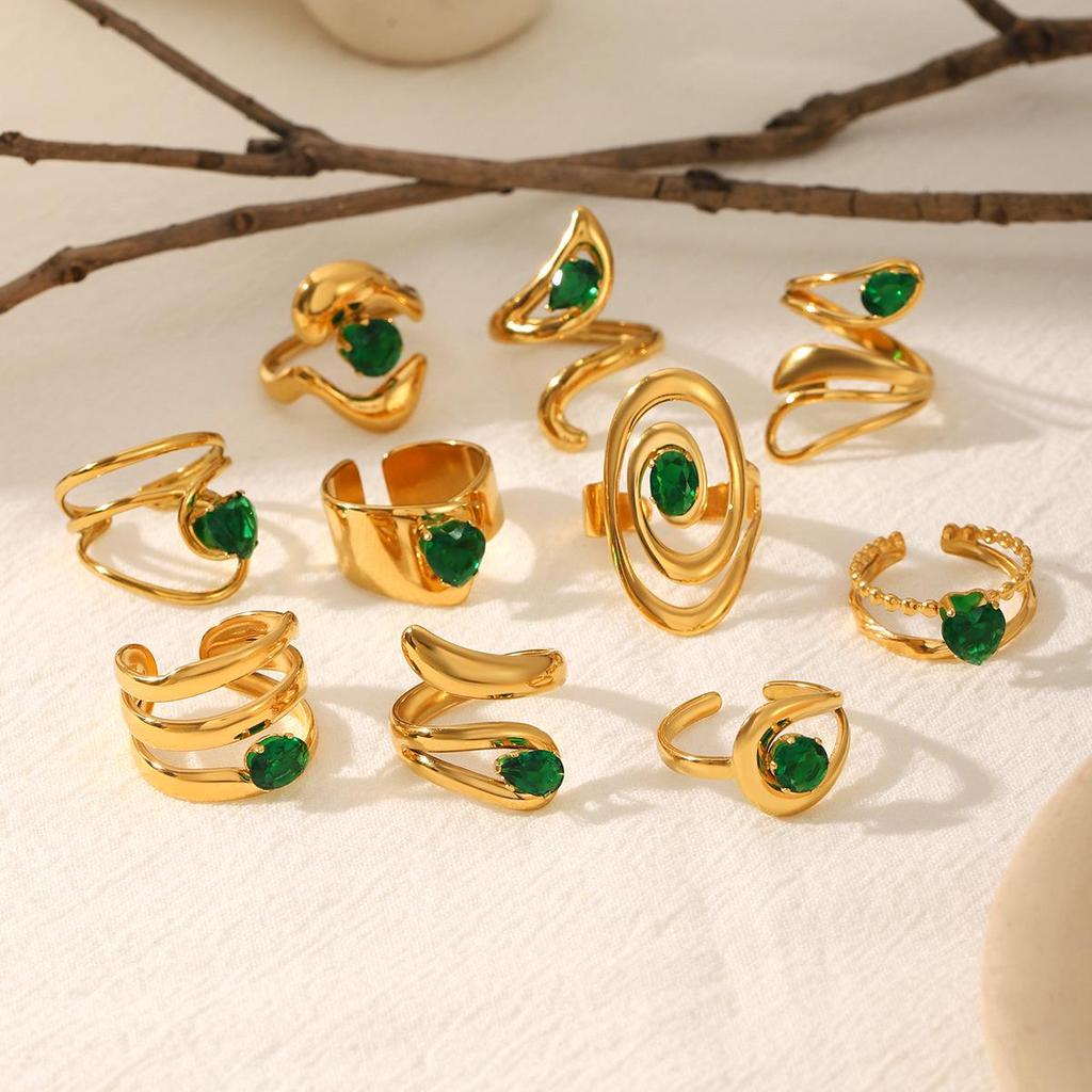 Retro Green Gemstone Zircon Stainless Steel Open Ring for Women